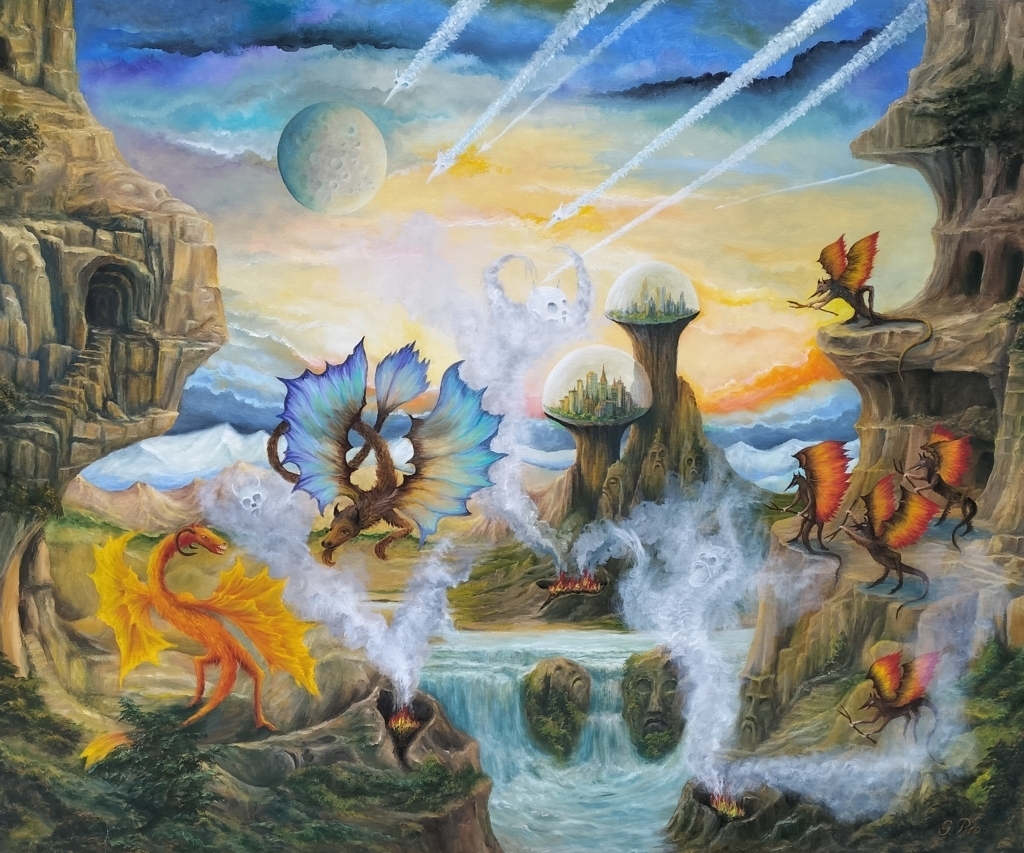 oil painting, otherworldly scene, creatures, wolves, goats, flying dragons, landscape, trees, mountains, lakes, waterfalls, stone sculptures, domed cities, skyscrapers, ghostly beings, erupting volcanoes, mysterious ambiance, moon