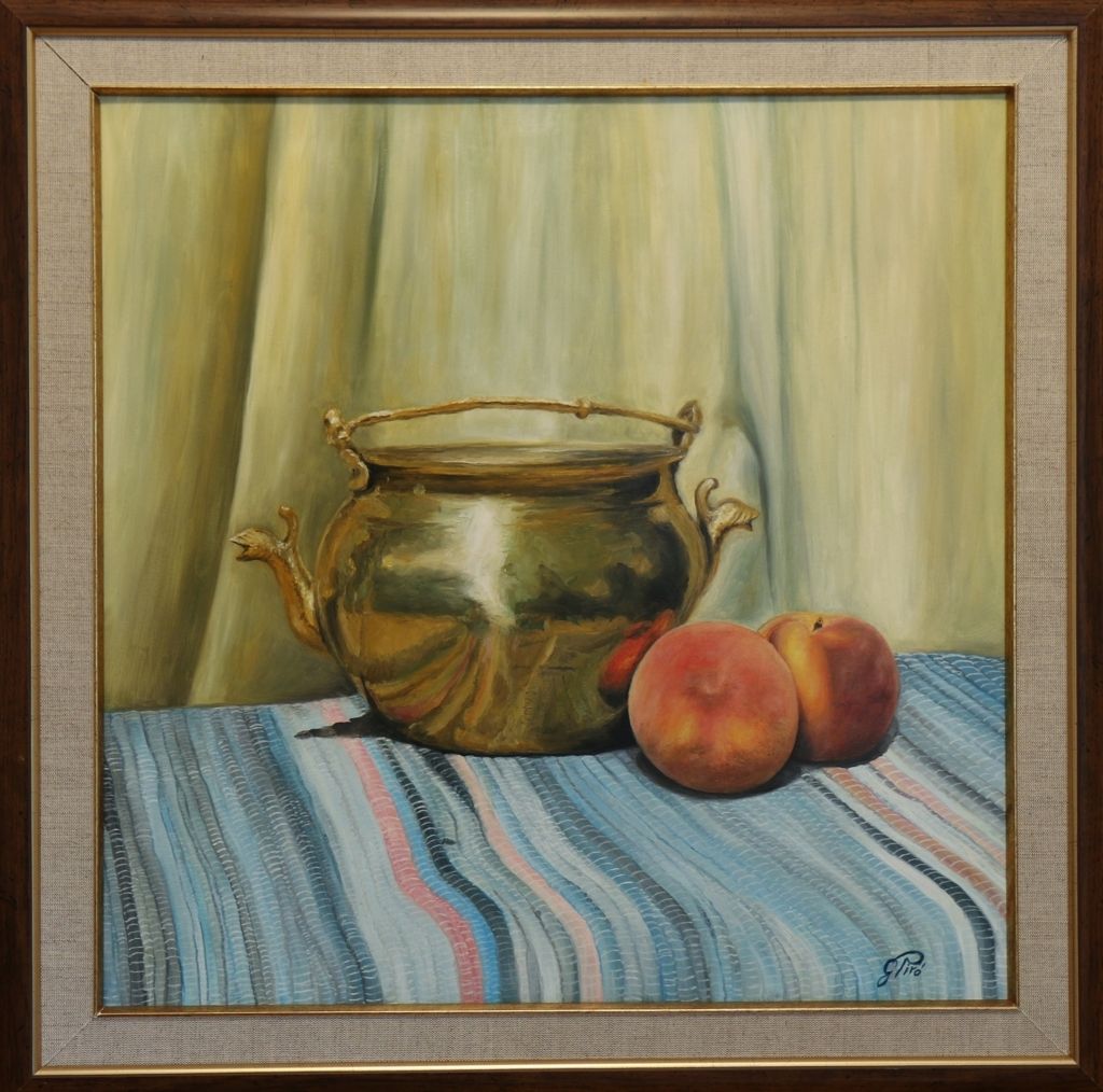 Oil Painting, Peaches and Brass, Still Life, Gregory Pyra Piro