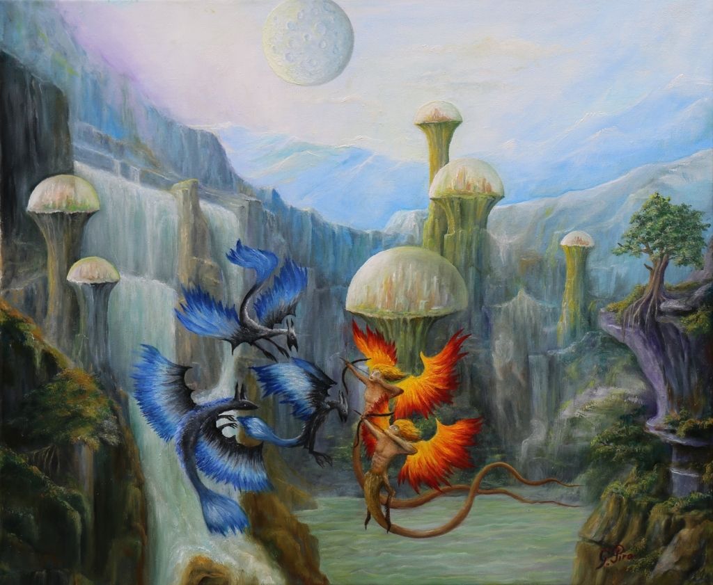 gregory pyra piro, painting, nature, landscape, animals, surrealism, flying dragons, winged creatures, nagas, serpent human hybrids, bluffs, cliffs, trees, buttes, biodomes, waterfalls, cascades, mythical ghosts, plunge basin, clouds, iridescence effect, mountains, rayleigh scattering effect, moon, craters