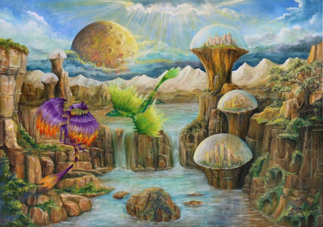 surrealistic landscape, oil painting, gregory pyra piro, alien world, flying dragons, creatures, caves, dome-shaped communities, lush greenery, towering trees, lakes, streams, waterfalls, hills, mountains, celestial realm, large moon, binary planet system, artist's signature